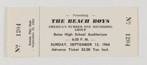 1964 The Beach Boys Boise High School Auditorium Unused Ticket Near Mint 89