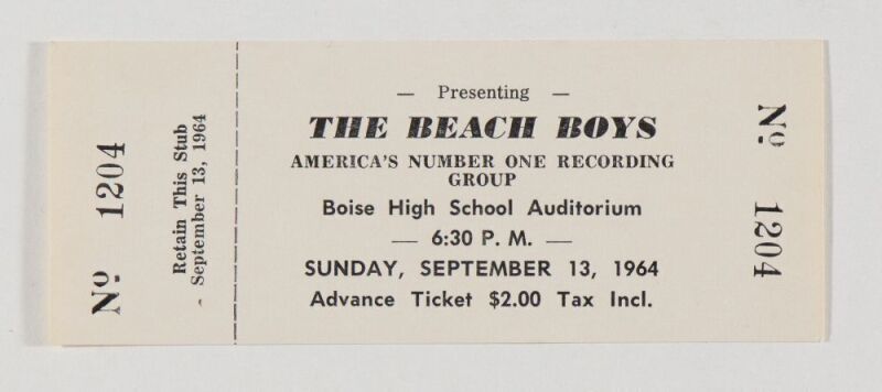 1964 The Beach Boys Boise High School Auditorium Unused Ticket Near Mint 89