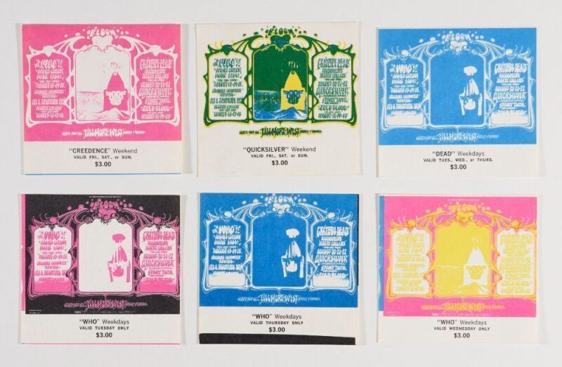 1968 BG-133 The Who Grateful Dead Creedence Clearwater Revival Fillmore West Complete Set of 6 Original Tickets Near Mint 81