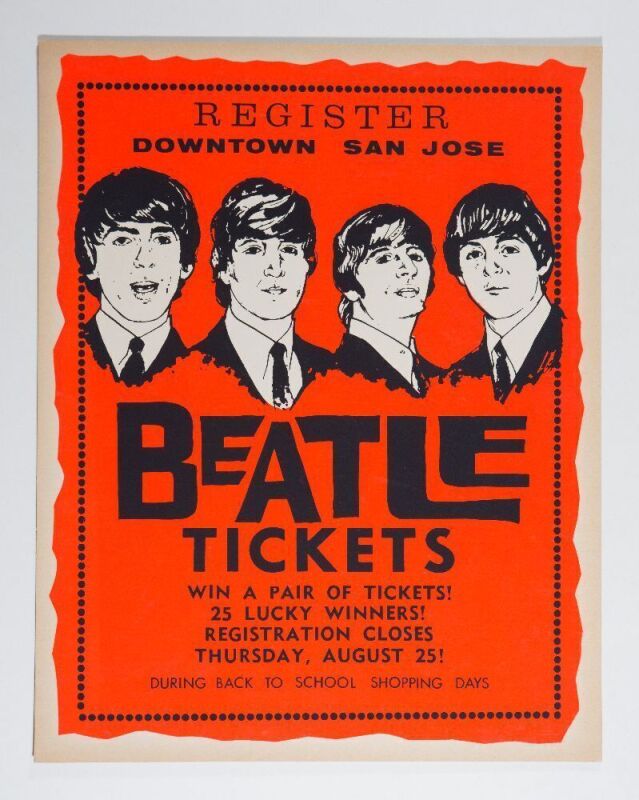 1966 The Beatles San Jose San Francisco Bay Area Ticket Giveaway For Candlestick Park Concert Cardboard Poster Near Mint 89