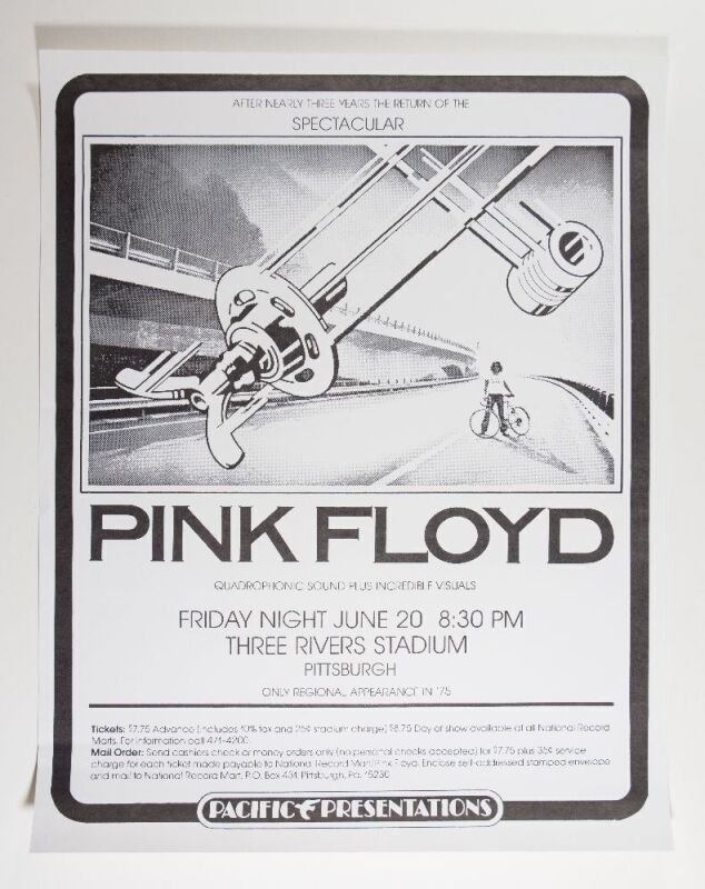 1975 Pink Floyd Three Rivers Stadium Pittsburgh Poster Near Mint 89