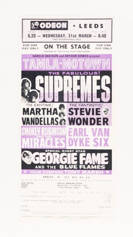 1965 The Supremes Steve Wonder Smokey Robinson The Odeon Theatre Leeds Ticket Order Form Handbill Near Mint 83