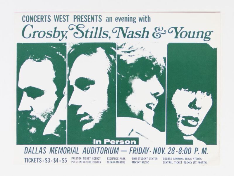 1969 Crosby Stills Nash Young The Dallas Memorial Auditorium Flyer Extra Fine 69