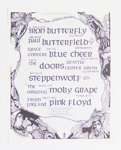 1968 The Doors Pink Floyd Iron Butterfly Eagles Auditorium Seattle Flyer Near Mint 87