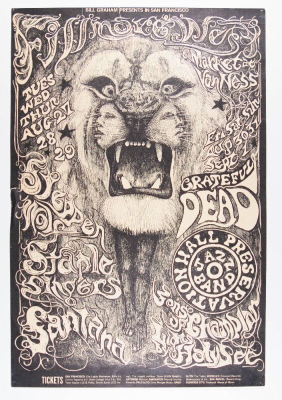 1968 BG-134 Grateful Dead Santana Steppenwolf Fillmore West Poster Extra Fine 63