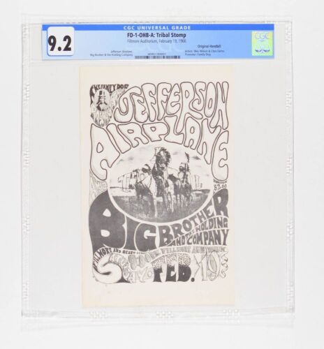 1966 FD-1 Jefferson Airplane Big Brother Fillmore Auditorium Original Handbill CGC 9.2