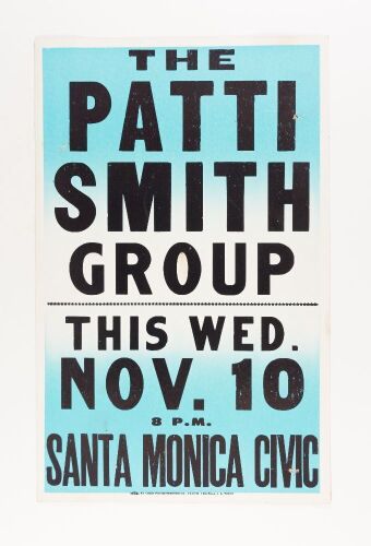 1976 The Patti Smith Group Santa Monica Civic Auditorium Cardboard Poster Excellent 73