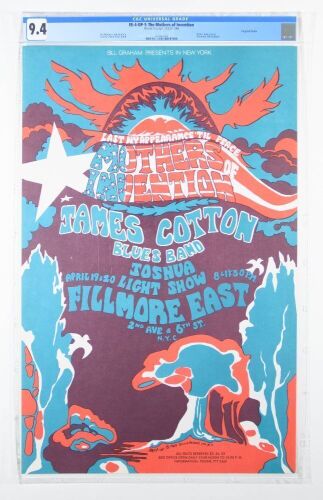 1968 FE-4 Frank Zappa and The Mothers James Cotton Fillmore East Poster CGC 9.4