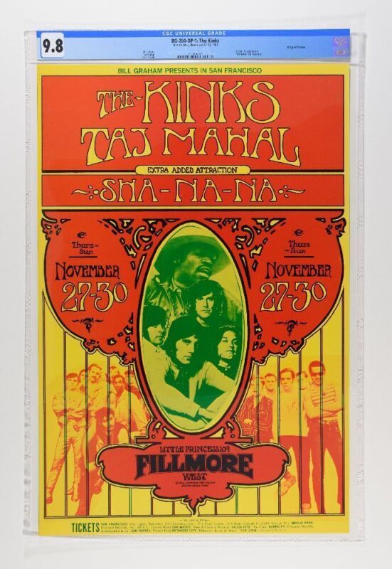 1969 BG-204 The Kinks Taj Mahal Fillmore West Poster CGC 9.8