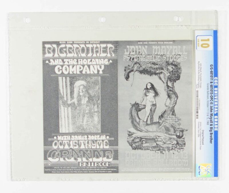 1968 G/G-681011 & 681015 Big Brother & The Holding Company Janis Joplin John Mayall Grande Ballroom Detroit Uncut Postcard CGC 10