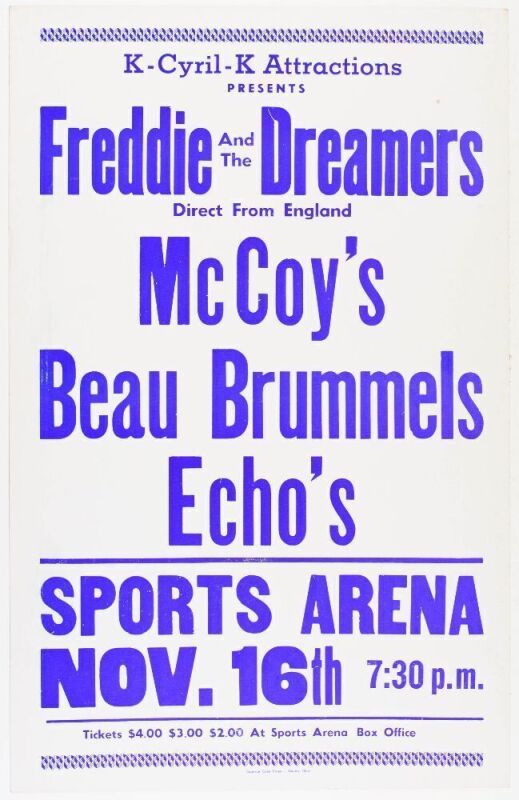1965 Freddie and the Dreamers Toledo Sports Arena Cardboard Poster Excellent 79
