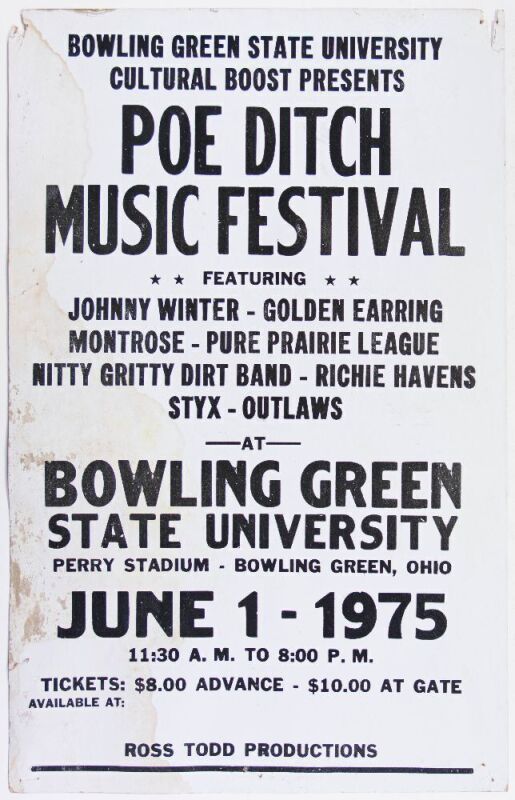 1975 Johnny Winter Styx Poe Ditch Music Festival Perry Stadium Poster Extra Fine 61