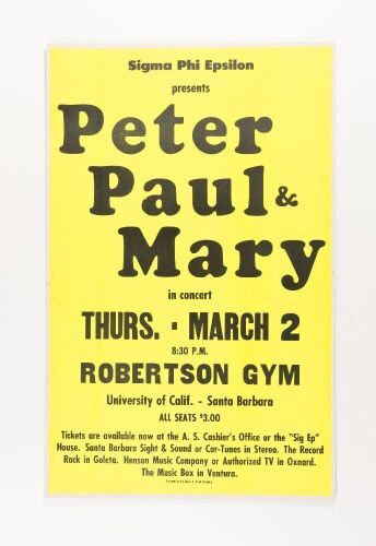 1967 Peter Paul & Mary Robertson Gym University of California Santa Barbara Cardboard Poster Excellent 71