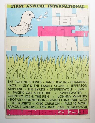 1969 Rolling Stones Janis Joplin Jefferson Airplane First Annual Palm Beach Music Festival Poster Excellent 75 RESTORED