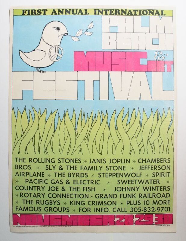 1969 Rolling Stones Janis Joplin Jefferson Airplane First Annual Palm Beach Music Festival Poster Excellent 75 RESTORED
