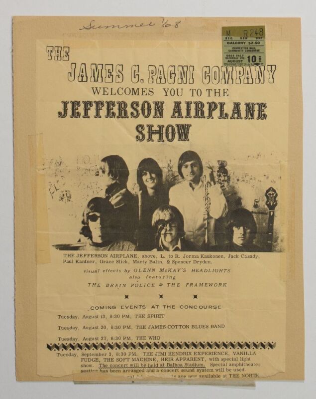 1968 Jefferson Airplane The Who Jimi Hendrix San Diego Community Concourse Mounted Handbill & Ticket Stub Fine 59