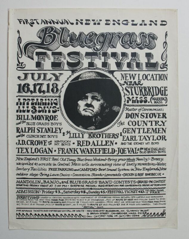 1971 Bill Monroe Ralph Stanley First Annual New England Bluegrass Festival Poster Extra Fine 63