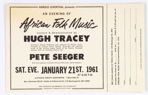 1961 Pete Seeger The Ethical Society Auditorium New York City Ticket Order Form Postcard Near Mint 87