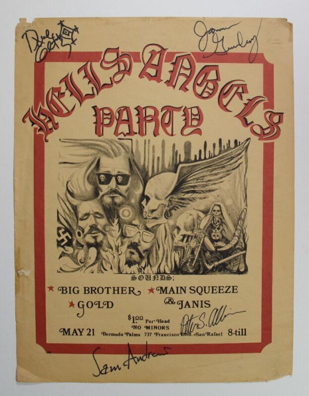 1970 Big Brother Hells Angels Party Bermuda Palms San Rafael Signed Andrews Gurley Albin Getz Poster Fine 59