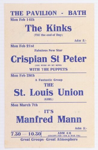 1966 The Kinks Manfred Mann Bath Pavilion Handbill Excellent 73