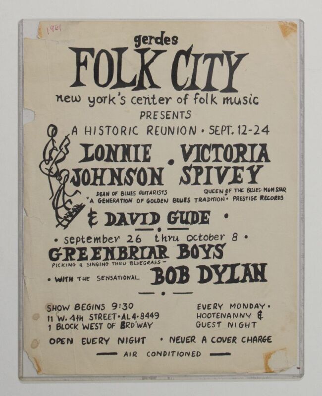 1961 Bob Dylan Gerdes Folk City New York Handbill Fine 51