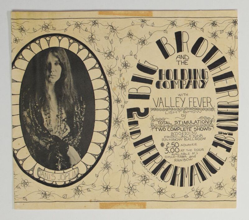 1968 Big Brother and the Holding Company Janis Joplin Rainbow Ballroom Handbill Extra Fine 61