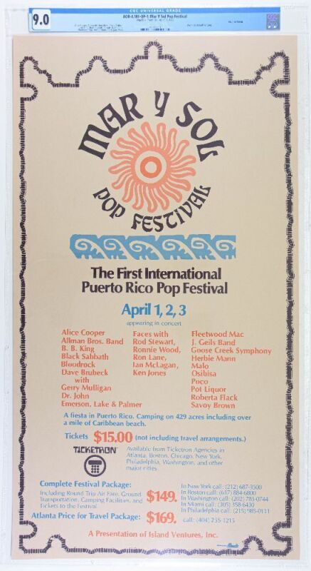 1972 AOR-4.181 Allman Brothers Band Alice Cooper The Faces Mar Y Sol Pop Festival Puerto Rico Poster CGC 9.0