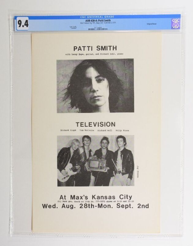 1974 AOR-430A Patti Smith Television Max's Kansas City New York City Poster CGC 9.4
