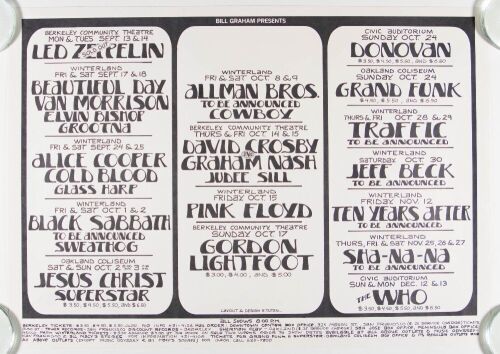 1971 Led Zeppelin Pink Floyd Allman Brothers The Who Bill Graham Presents Calendar Poster Near Mint 89