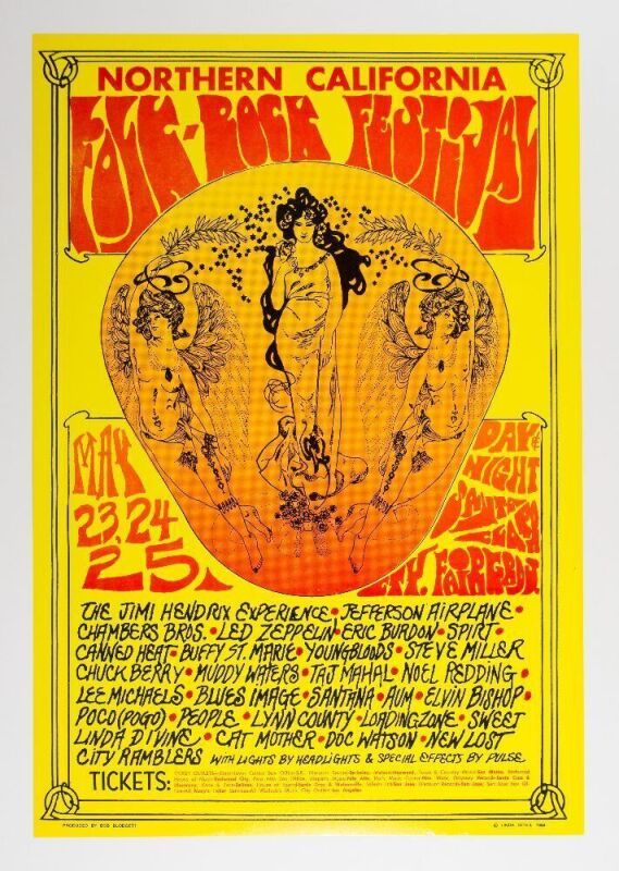 1969 Jimi Hendrix Jefferson Airplane Chuck Berry Northern California Folk Rock Festival Poster Mint 93