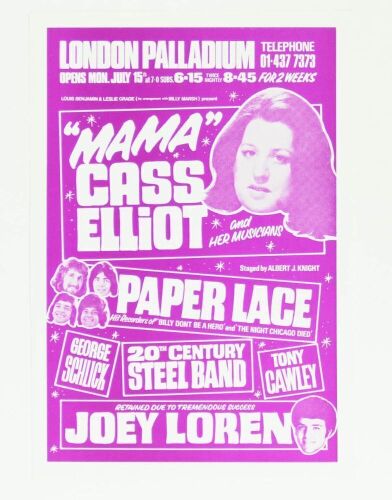 1974 Mama Cass Elliot London Palladium Handbill Near Mint 85