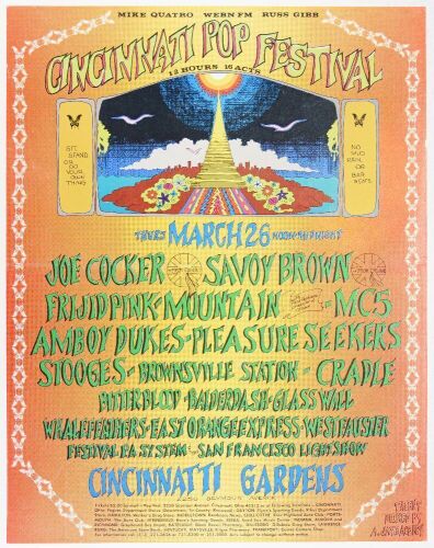 1970 Joe Cocker MC5 The Stooges Savoy Brown Cincinnati Pop Festival Cincinnati Gardens Poster Extra Fine 69