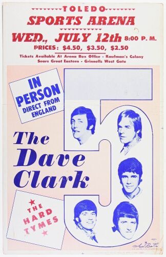 1967 Dave Clark Five Toledo Sports Arena Cardboard Poster Excellent 71