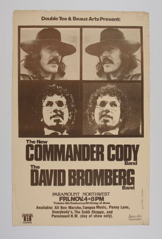 1977 Commander Cody David Bromberg Paramount Northwest Seattle Poster Extra Fine 61