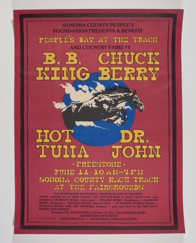 1977 B.B. King Chuck Berry Hot Tuna Dr. John Sonoma County Racetrack Poster Excellent 71