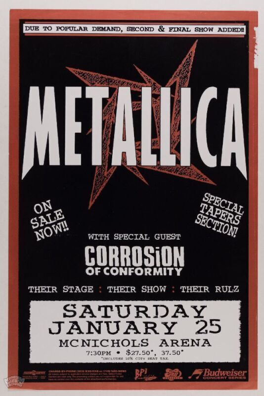 1997 Metallica Corrosion of Conformity McNichols Arena Denver Poster Excellent 79