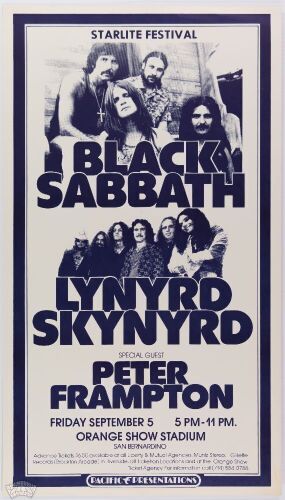 1975 Black Sabbath Lynyrd Skynyrd Peter Frampton Orange Show Stadium San Bernardino Poster Near Mint 83