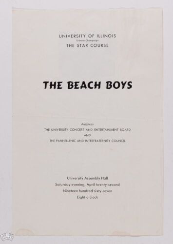 1967 The Beach Boys University Of Illinois Assembly Hall Double Sided Handbill Program Extra Fine 69