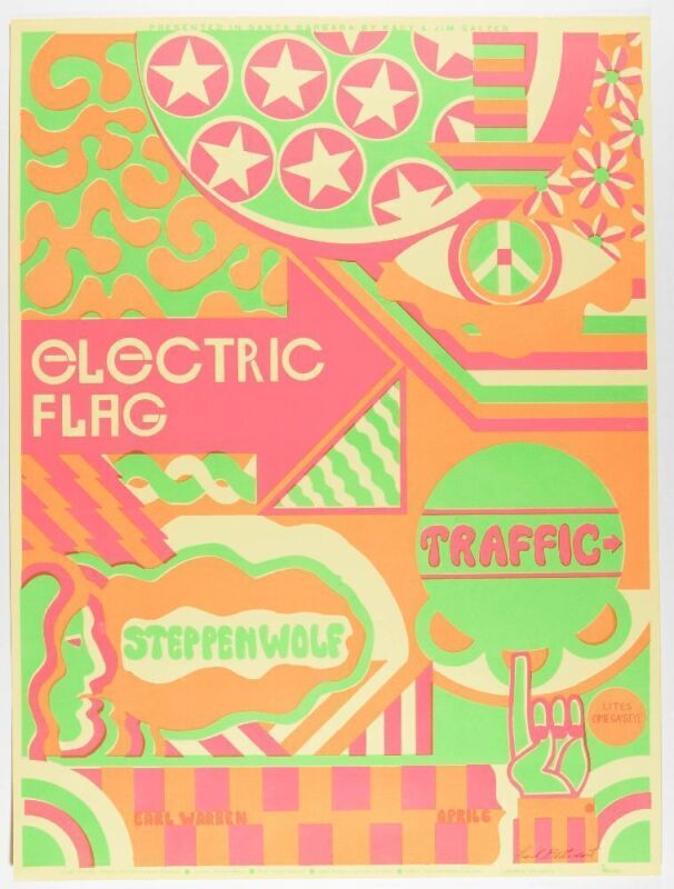 1968 AOR-3.43 Electric Flag Traffic Steppenwolf Earl Warren Santa Barbara Signed Bettencourt Poster Near Mint 85