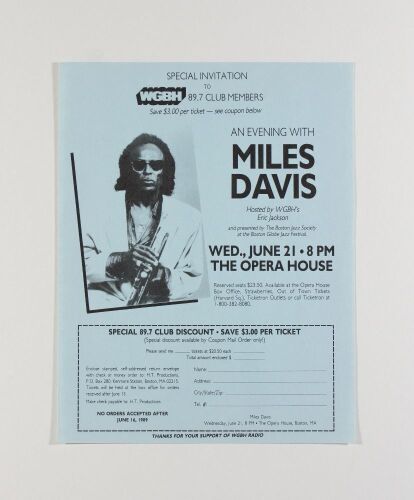 1989 Miles Davis The Boston Opera House Flyer Near Mint 85