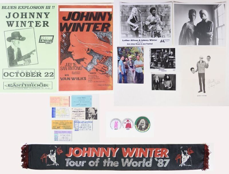 Collection of Johnny Winter Vintage Items Buttons Banner Photos Posters Tickets