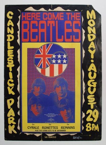 1966 AOR-1.115 The Beatles Candlestick Park Cardboard Signed Wilson Poster Extra Fine 61