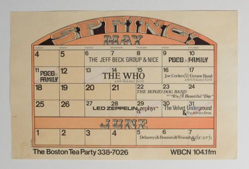 1969 Led Zeppelin The Who Velvet Underground Allman Brothers Jeff Beck Boston Tea Party Spring Schedule Poster Excellent 73 RESTORED