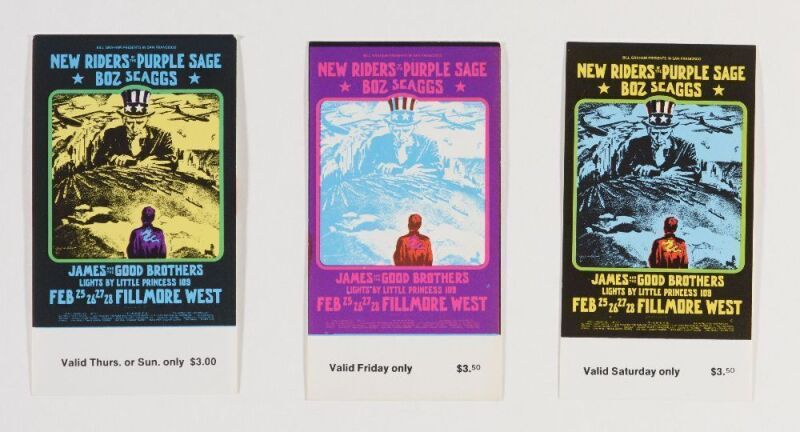 1971 BG-271 New Riders of the Purple Sage Fillmore West Complete Set of 3 Original Tickets Near Mint 81