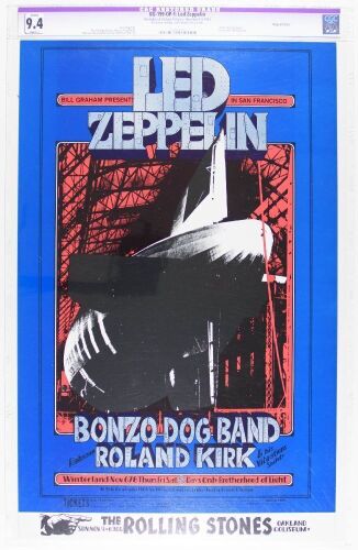 1969 BG-199 Led Zeppelin Rolling Stones Winterland & Oakland Coliseum Poster CGC 9.4 RESTORED