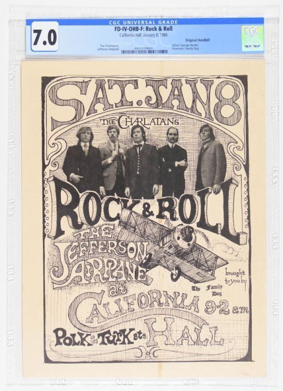 1966 FD-IV Jefferson Airplane The Charlatans California Hall Handbill CGC 7.0