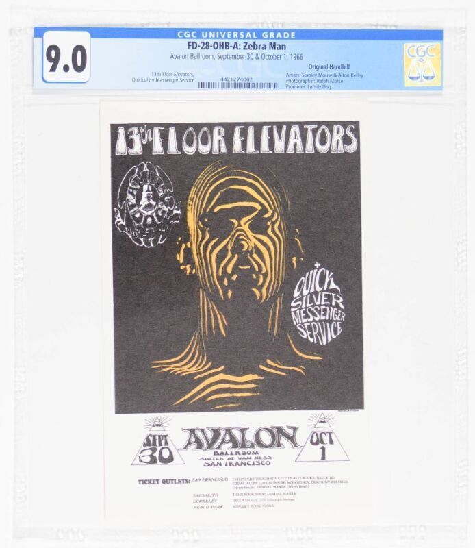 1966 FD-28 The 13th Floor Elevators Zebra Man Avalon Ballroom Handbill CGC 9.0