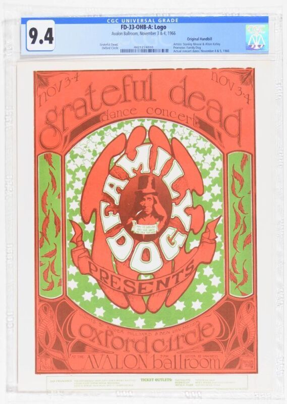 1966 FD-33 Grateful Dead Oxford Circle Avalon Ballroom Handbill CGC 9.4