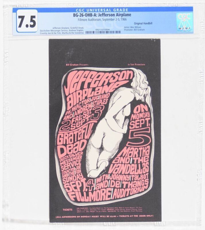 1966 BG-26 Jefferson Airplane Grateful Dead Fillmore Auditorium Handbill CGC 7.5