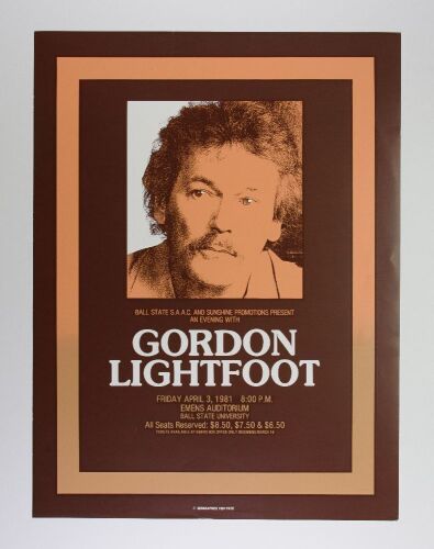 1981 Gordon Lightfoot Emens Auditorium Ball State University Poster Near Mint 83